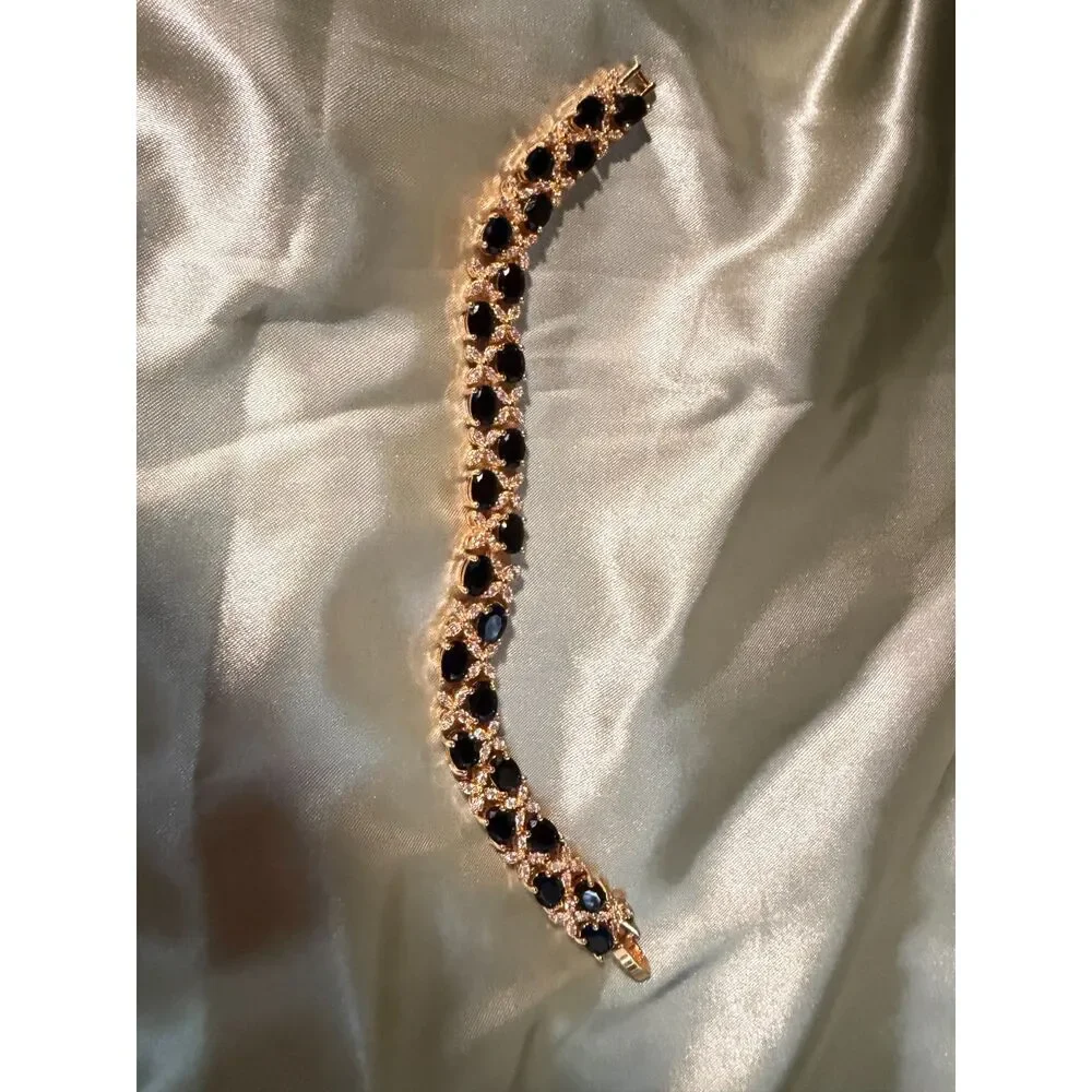 Gold Tone Black Onyx Look Floral Tennis Bracelet 7.5